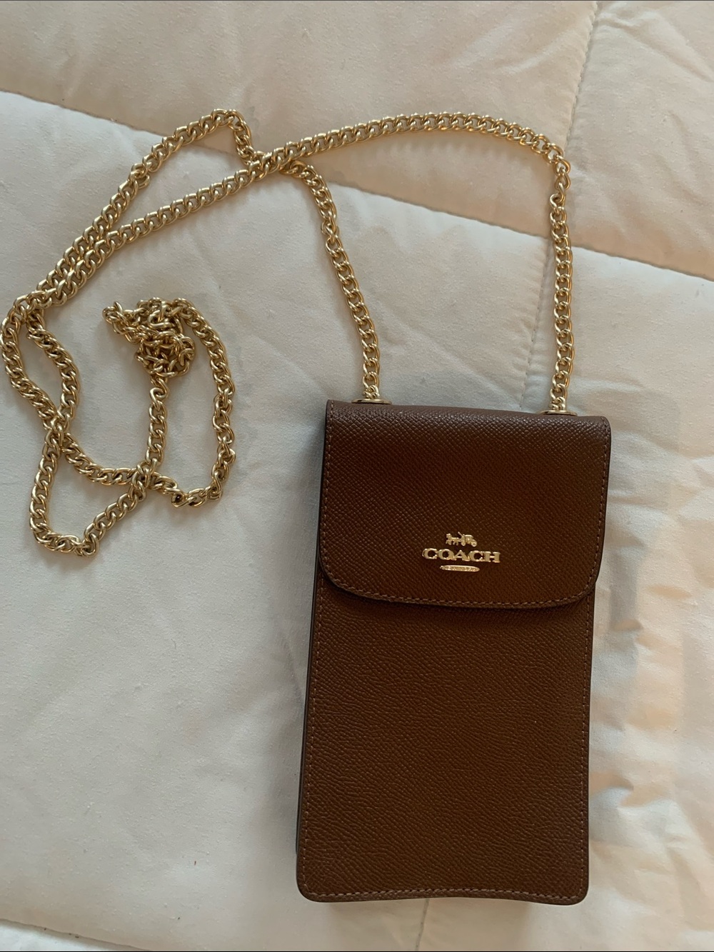 Coach Brown Leather Crossbody Phone Pouch with Gold Chain Strap